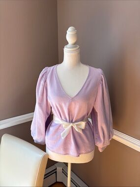 a new day Lilac V-Neck Puff Sleeve Blouse with Satin Waist Tie